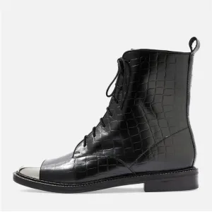 TOPSHOP Black Metal Silver Toe Lace Up Boots