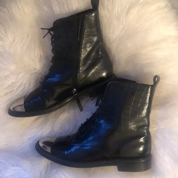 TOPSHOP Black Metal Silver Toe Lace Up Boots