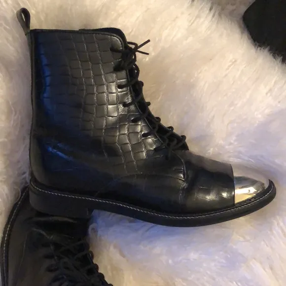 TOPSHOP Black Metal Silver Toe Lace Up Boots