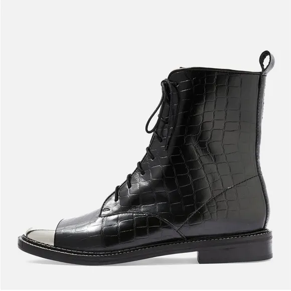 TOPSHOP Black Metal Silver Toe Lace Up Boots