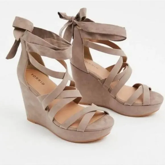 Torrid Taupe Faux Suede Strappy Wrap Platform Wedge Sandals Size 11W