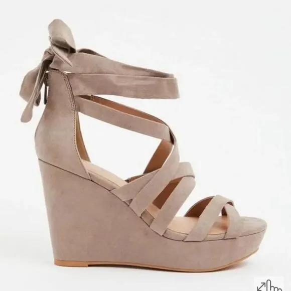Torrid Taupe Faux Suede Strappy Wrap Platform Wedge Sandals Size 11W