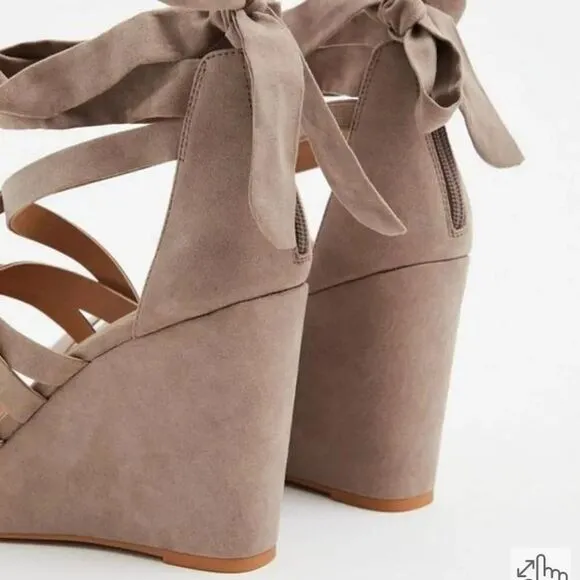 Torrid Taupe Faux Suede Strappy Wrap Platform Wedge Sandals Size 11W