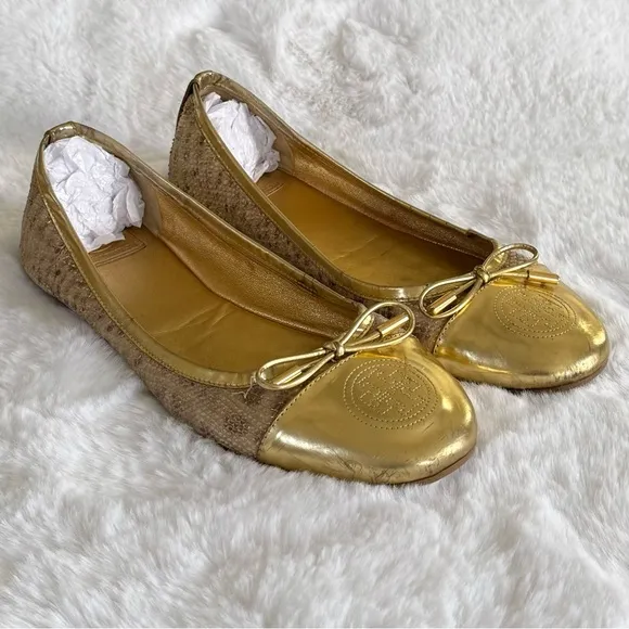 TORY BURCH 11 Verbena Metallic Luxe Snake Embossed Leather Cap Toe Ballet Flats