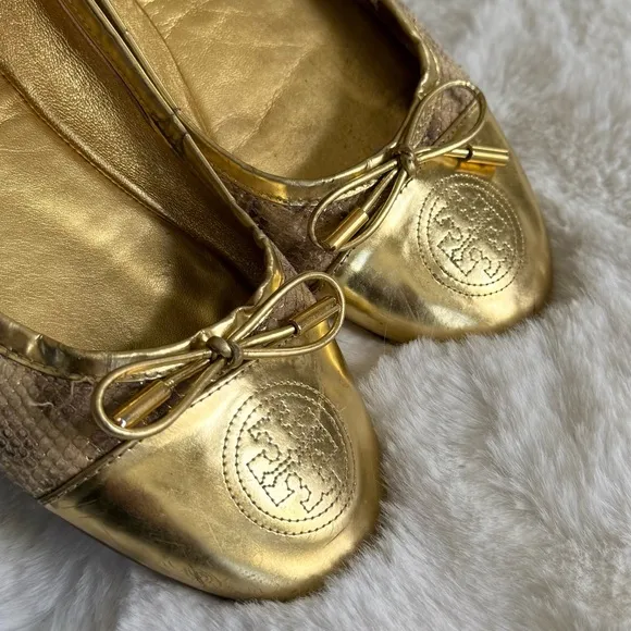 TORY BURCH 11 Verbena Metallic Luxe Snake Embossed Leather Cap Toe Ballet Flats