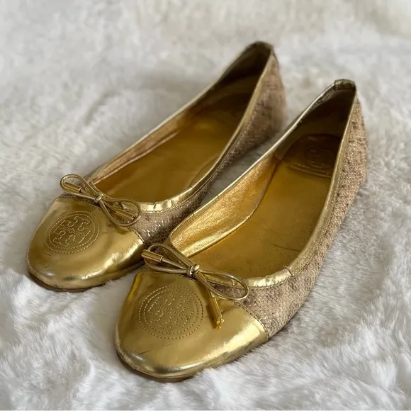 TORY BURCH 11 Verbena Metallic Luxe Snake Embossed Leather Cap Toe Ballet Flats