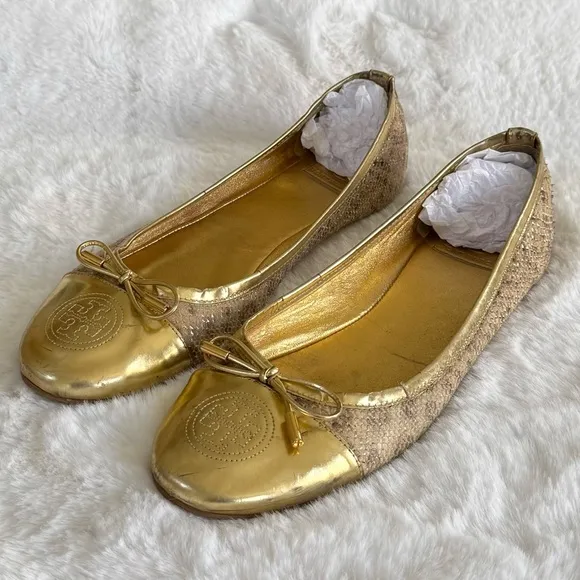 TORY BURCH 11 Verbena Metallic Luxe Snake Embossed Leather Cap Toe Ballet Flats