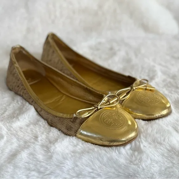 TORY BURCH 11 Verbena Metallic Luxe Snake Embossed Leather Cap Toe Ballet Flats