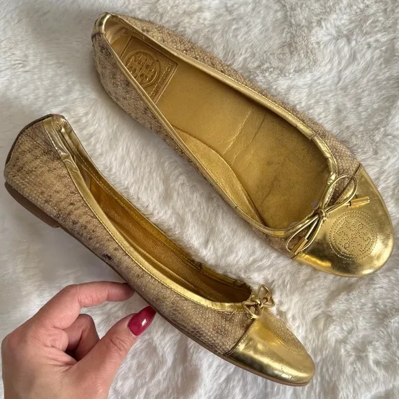 TORY BURCH 11 Verbena Metallic Luxe Snake Embossed Leather Cap Toe Ballet Flats