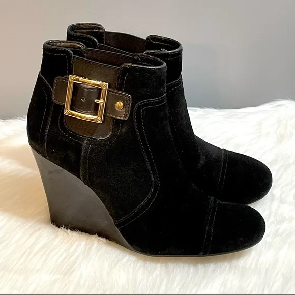 Tory Burch Adrienne Suede Black Shoes Leather Wedge Ankle Bootie Heels