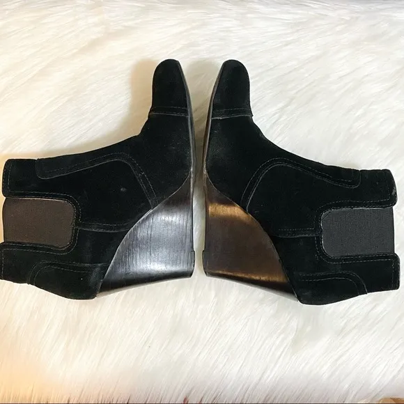 Tory Burch Adrienne Suede Black Shoes Leather Wedge Ankle Bootie Heels
