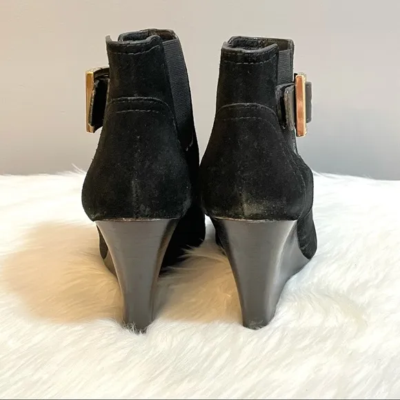 Tory Burch Adrienne Suede Black Shoes Leather Wedge Ankle Bootie Heels