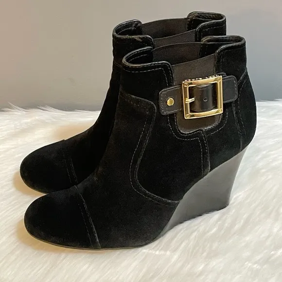 Tory Burch Adrienne Suede Black Shoes Leather Wedge Ankle Bootie Heels