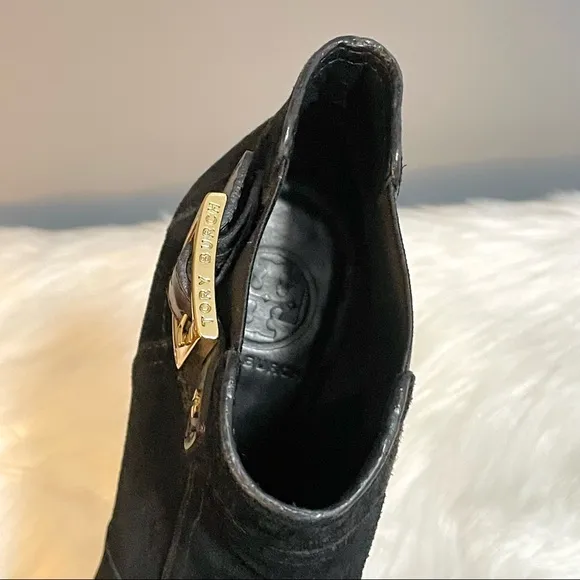 Tory Burch Adrienne Suede Black Shoes Leather Wedge Ankle Bootie Heels