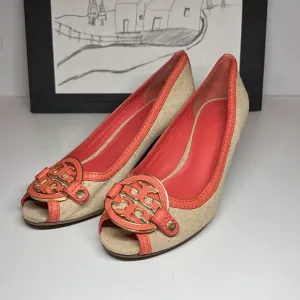 Tory Burch Amanda Off White/Pink Leather And Canvas PepToes Wedges Woman’s 6.5M