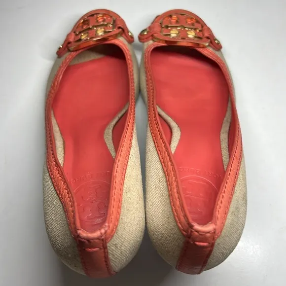 Tory Burch Amanda Off White/Pink Leather And Canvas PepToes Wedges Woman’s 6.5M