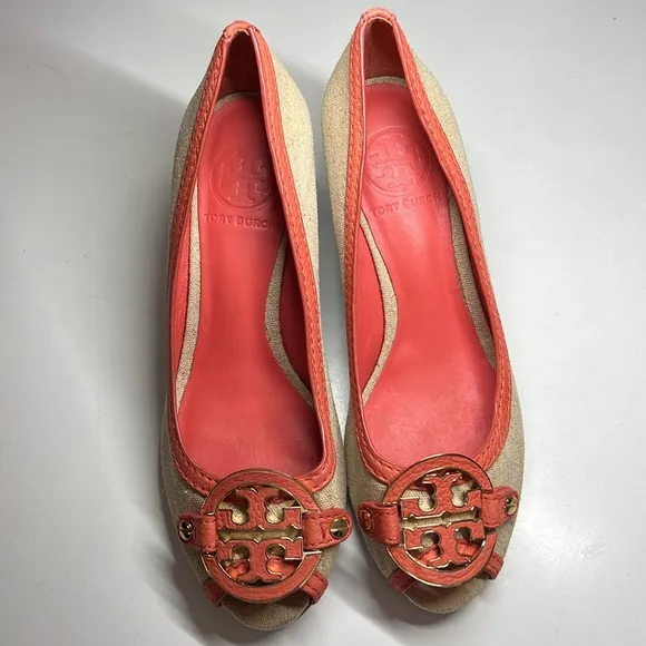 Tory Burch Amanda Off White/Pink Leather And Canvas PepToes Wedges Woman’s 6.5M