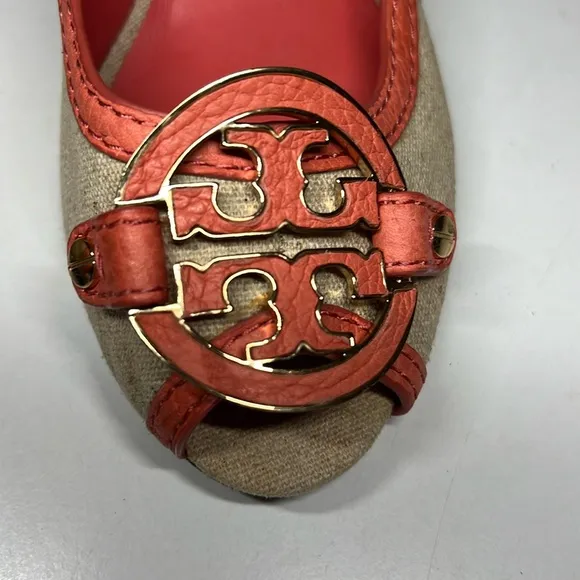 Tory Burch Amanda Off White/Pink Leather And Canvas PepToes Wedges Woman’s 6.5M