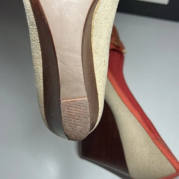 Tory Burch Amanda Off White/Pink Leather And Canvas PepToes Wedges Woman’s 6.5M