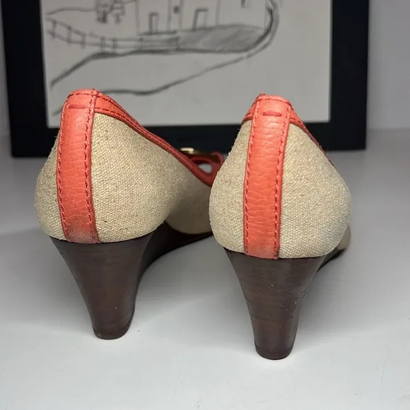 Tory Burch Amanda Off White/Pink Leather And Canvas PepToes Wedges Woman’s 6.5M