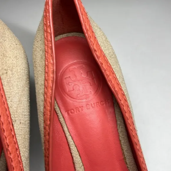 Tory Burch Amanda Off White/Pink Leather And Canvas PepToes Wedges Woman’s 6.5M