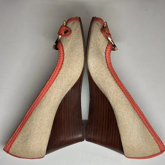 Tory Burch Amanda Off White/Pink Leather And Canvas PepToes Wedges Woman’s 6.5M