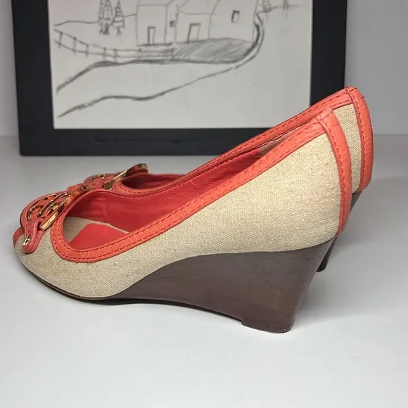 Tory Burch Amanda Off White/Pink Leather And Canvas PepToes Wedges Woman’s 6.5M