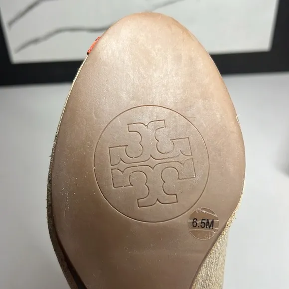 Tory Burch Amanda Off White/Pink Leather And Canvas PepToes Wedges Woman’s 6.5M