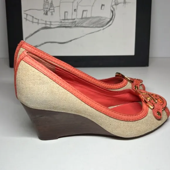 Tory Burch Amanda Off White/Pink Leather And Canvas PepToes Wedges Woman’s 6.5M