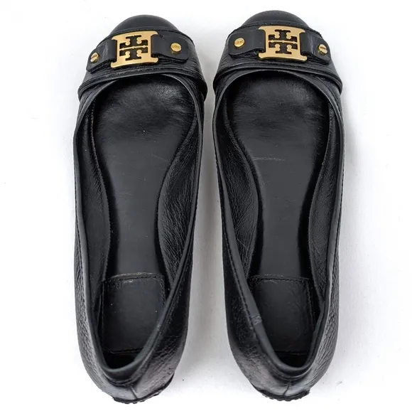 Tory Burch Ambrose Ballet Flats Leather Cap Toe Balletcore Preppy Black size 6.5