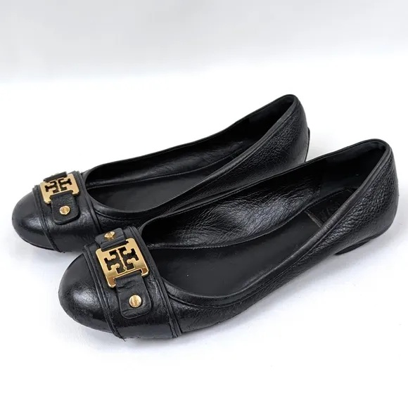 Tory Burch Ambrose Ballet Flats Leather Cap Toe Balletcore Preppy Black size 6.5