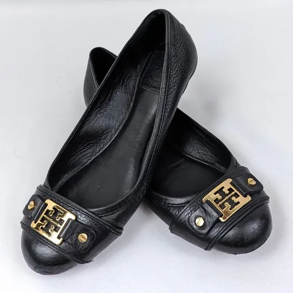 Tory Burch Ambrose Ballet Flats Leather Cap Toe Balletcore Preppy Black size 6.5
