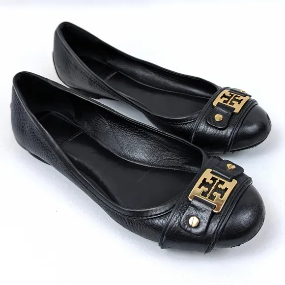 Tory Burch Ambrose Ballet Flats Leather Cap Toe Balletcore Preppy Black size 6.5