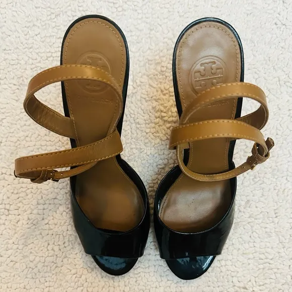 Tory Burch: Ashton Black Patent Leather, Cork Wedge, Open Toe. 8.5