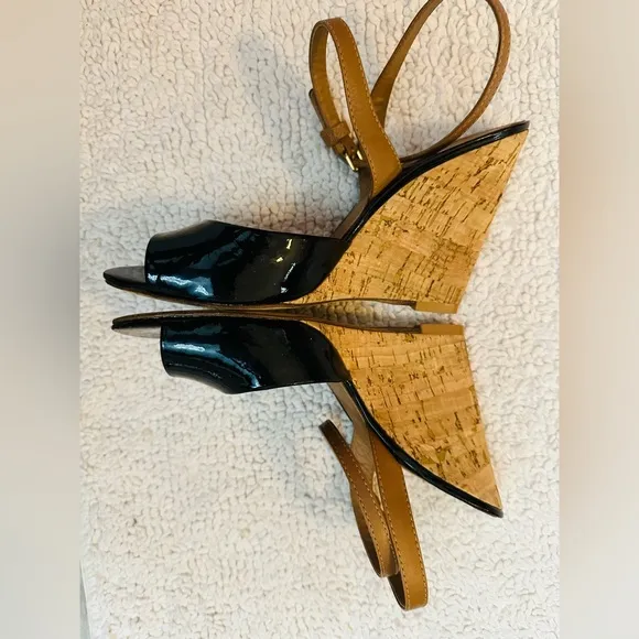 Tory Burch: Ashton Black Patent Leather, Cork Wedge, Open Toe. 8.5