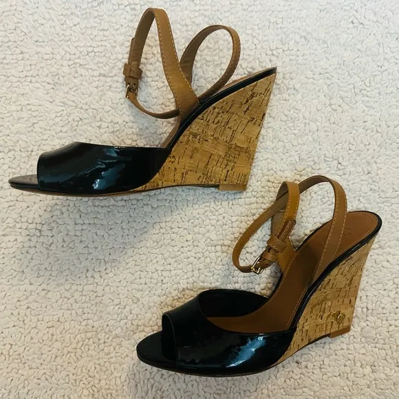 Tory Burch: Ashton Black Patent Leather, Cork Wedge, Open Toe. 8.5