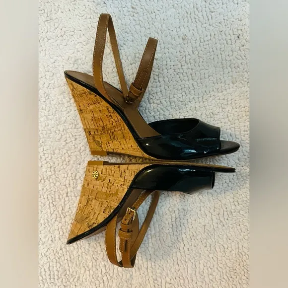 Tory Burch: Ashton Black Patent Leather, Cork Wedge, Open Toe. 8.5