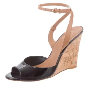 Tory Burch: Ashton Black Patent Leather, Cork Wedge, Open Toe. 8.5
