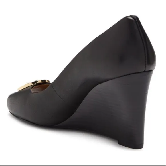 Tory Burch Benton Black Leather/Gold Logo Peep Toe Wedge Heels Size 8 $295