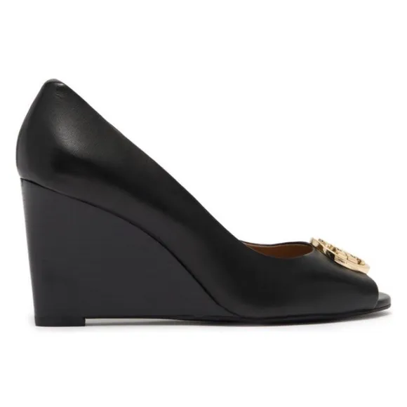Tory Burch Benton Black Leather/Gold Logo Peep Toe Wedge Heels Size 8 $295