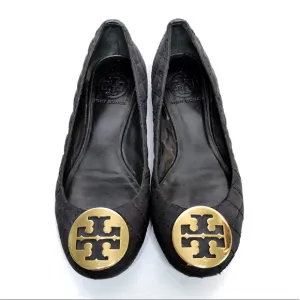Tory Burch Black Gold Logo Quilted Ballet Flats