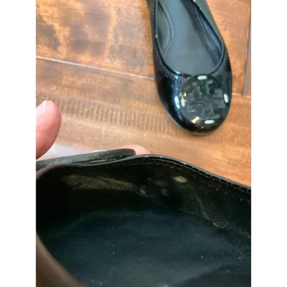 Tory Burch Black Patent Leather Logo Ballet Flats, Size 5