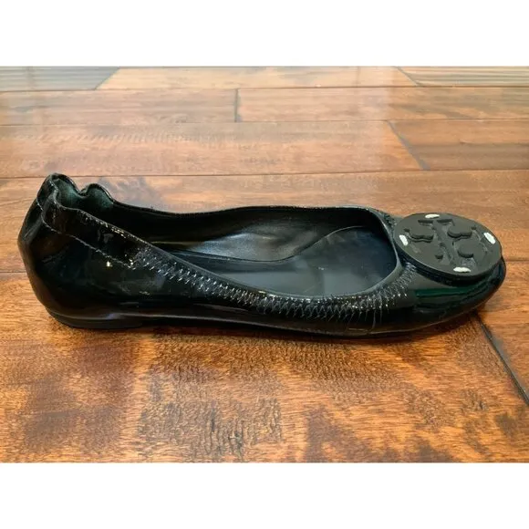 Tory Burch Black Patent Leather Logo Ballet Flats, Size 5