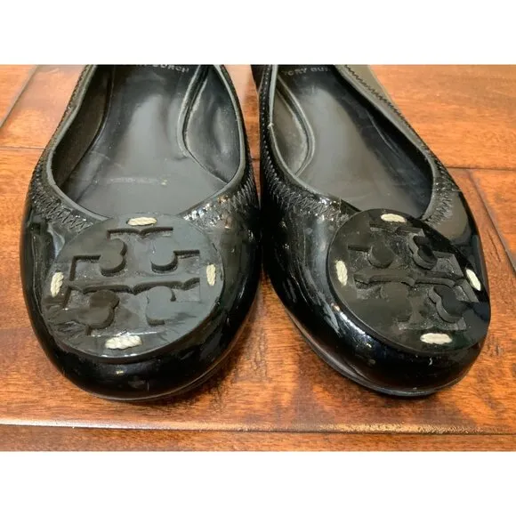 Tory Burch Black Patent Leather Logo Ballet Flats, Size 5