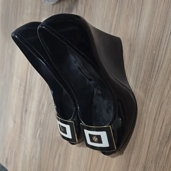 Tory Burch Black Patent Leather Peep-Toe Platform Wedge Pumps