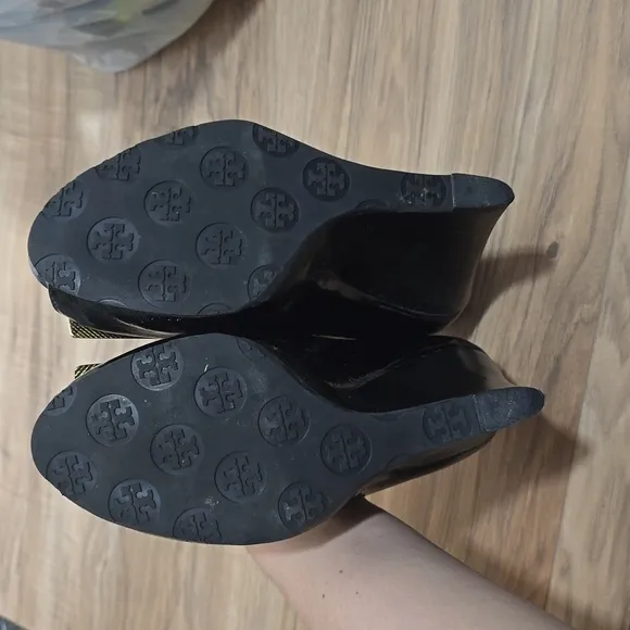 Tory Burch Black Patent Leather Peep-Toe Platform Wedge Pumps