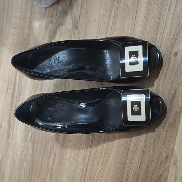 Tory Burch Black Patent Leather Peep-Toe Platform Wedge Pumps