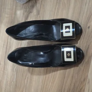 Tory Burch Black Patent Leather Peep-Toe Platform Wedge Pumps