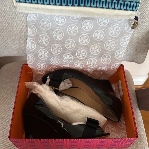 Tory Burch Black Peep-Toe Wedges with Gold Charm