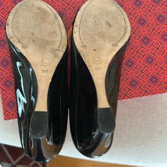 Tory Burch Black Peep-Toe Wedges with Gold Charm